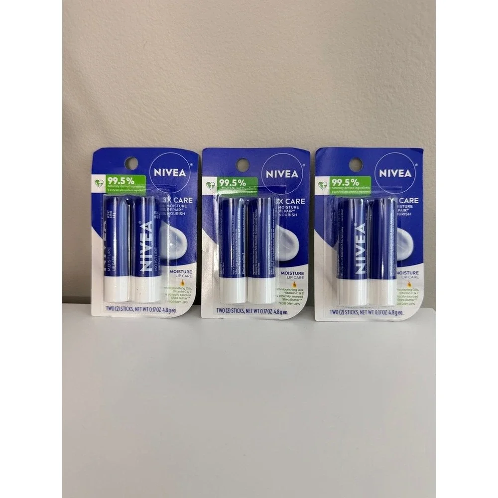 Nivea Moisture Lip Care Unisex 6 Sticks Blue 3X Care Shea Butter Vitamin C E NEW